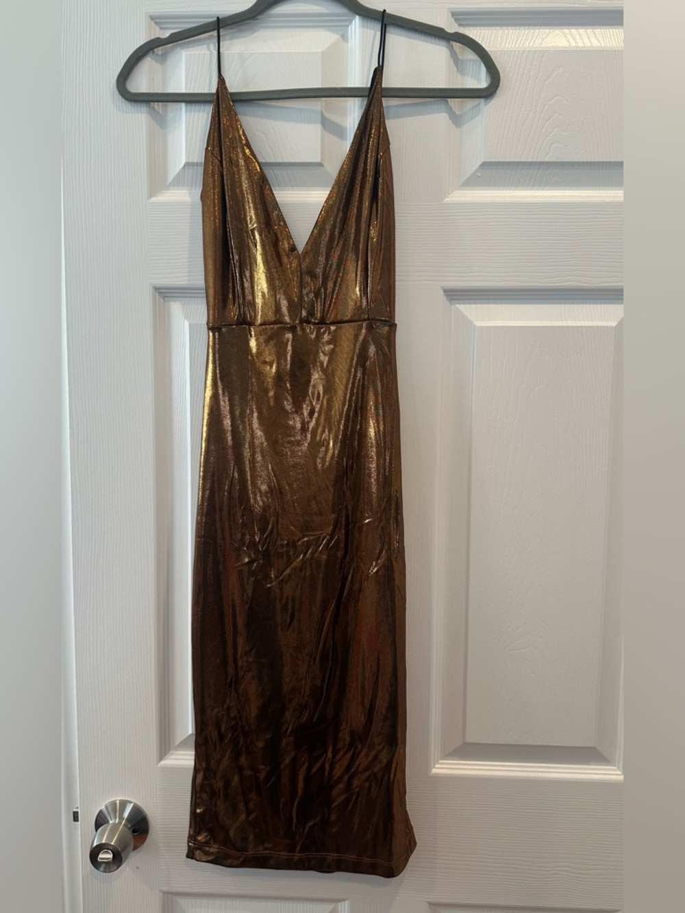 Metallic Bronze V-Neck Slip Dress
